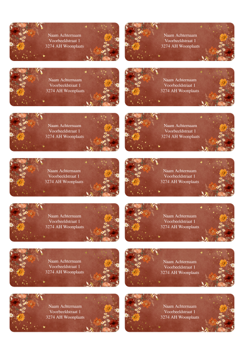 Adresstickers huwelijk bloemen roestbruin | 14 stuks 97X34 mm