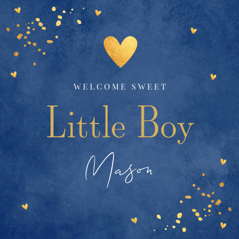 Felicitatie geboorte zoon baby jongen blauw goudlook hartje
