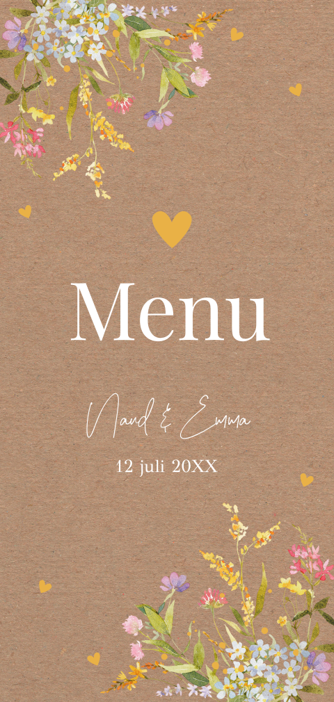 Menukaart huwelijk langwerpig kraftook bloemen zomers geel