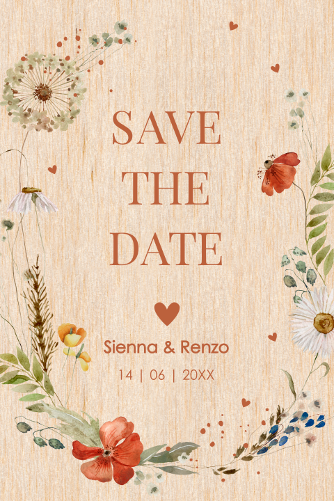 Save the Date kaart echt hout veldbloemen rood