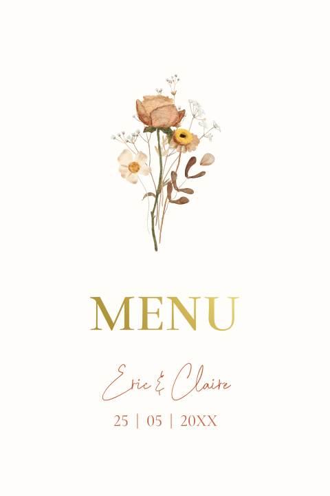 Menukaart creme wit met bloemen boeket en goudfolie