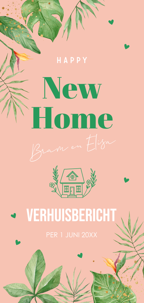 Verhuiskaart langwerpig roze tropisch zomers huisje