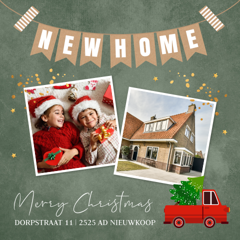 Kerst verhuiskaart groen met foto kerstauto