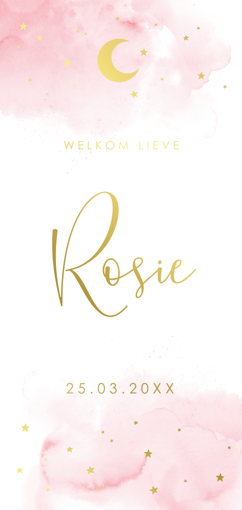Geboortekaartje meisje roze watercolour maan sterren goudfolie