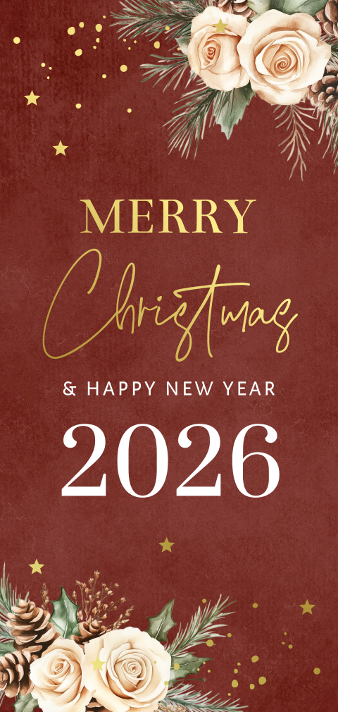 Kerstkaart langwerpig rood bruin bohemian kerst bloemen goudfolie