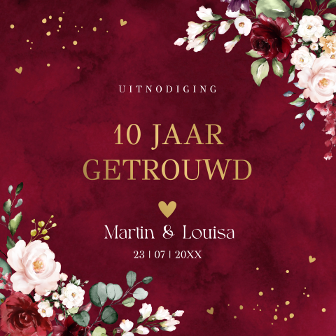 Jubileum uitnodiging 10 jaar getrouwd rood bloemen goudfolie