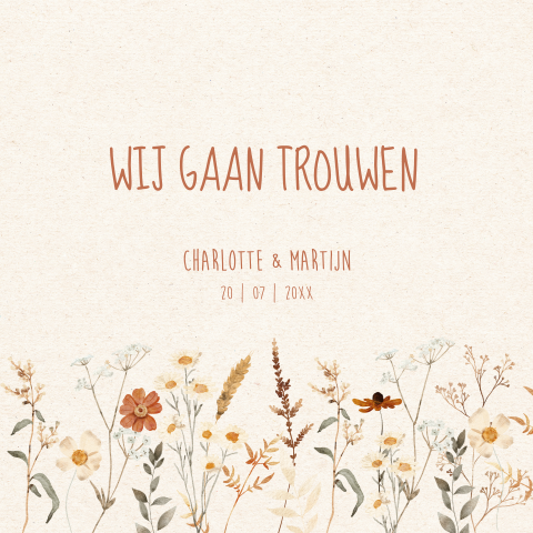 Romantische trouwkaart beige veldbloemen