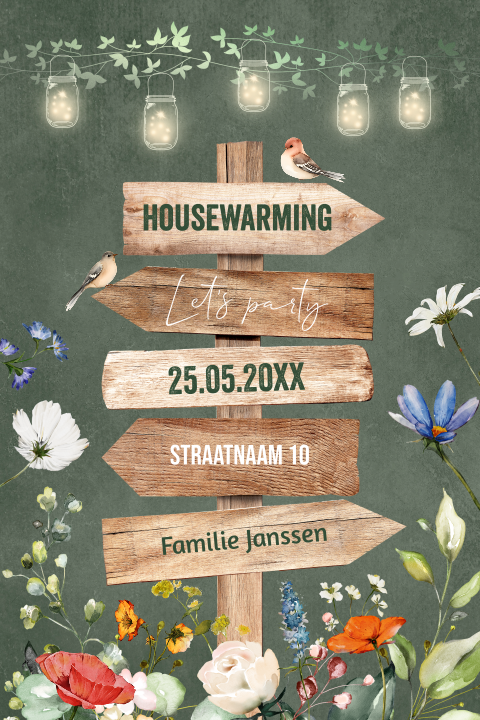 Housewarming uitnodiging groen wegwijzer hout lampjes bloemen