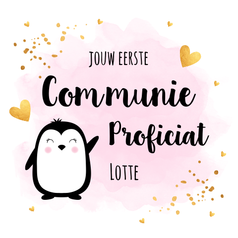 Felicitatie eerste communie kaart meisje dieren pinguïn roze goudlook