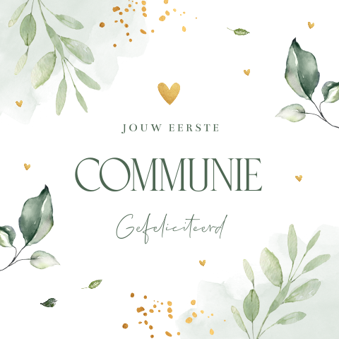 Communie felicitatie kaart jongen groen waterverf bladeren botanisch