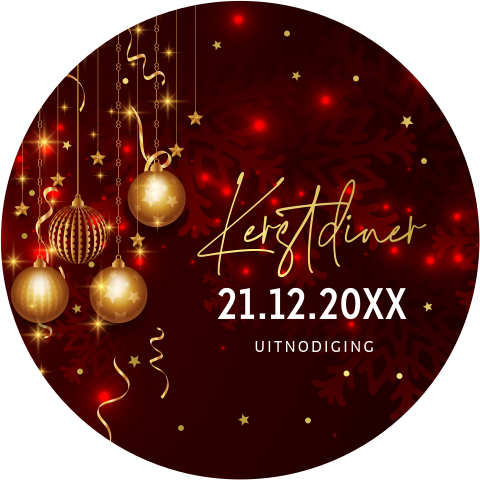 Kerstdiner uitnodiging rond rood kerstballen goudfolie