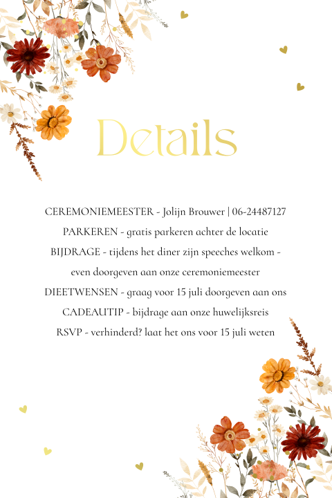 Extra informatie kaartje huwelijk herfst bloemen kalkpapier goudfolie