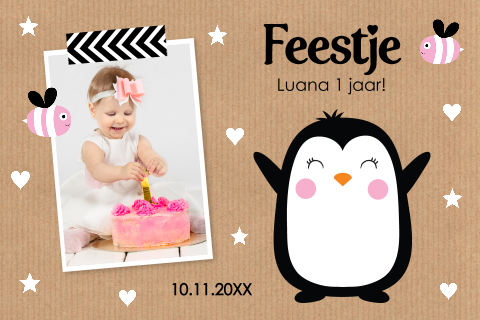 Uitnodiging kinderfeestje meisje 1 jaar dieren pinguin