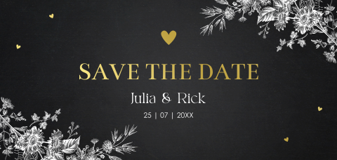 Save the Date kaart zwart botanisch bloemen wit panorama hartjes