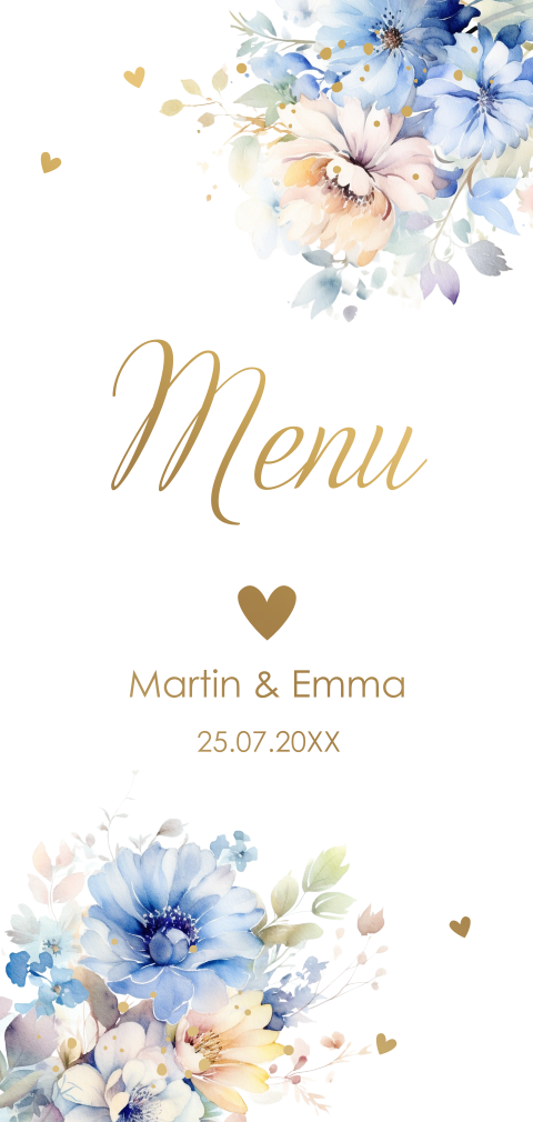 Menukaart huwelijk blauw peach romantische bloemen goudfolie