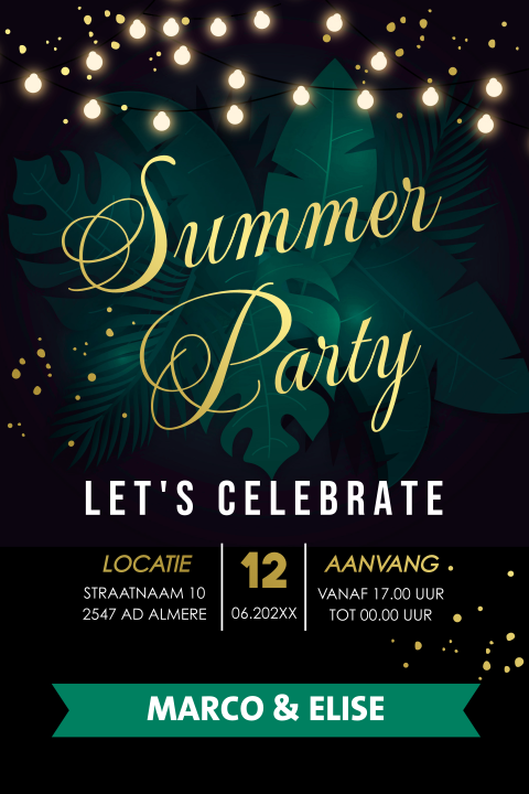 Summer Party uitnodiging groen lampjes botanisch neon goudfolie