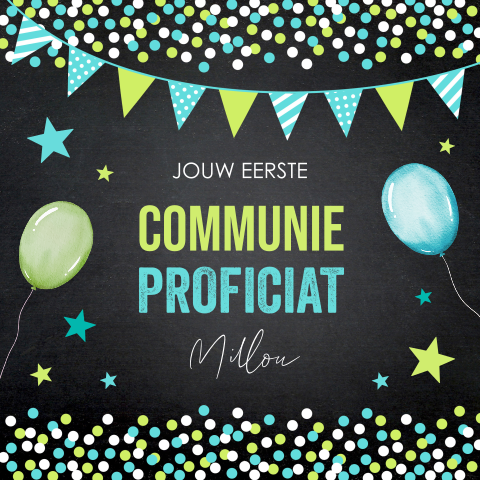 Felicitatie communie kaart jongen confetti ballonnen slinger groen