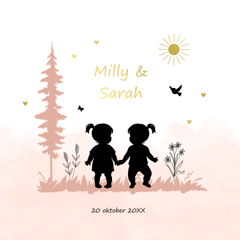 Geboortekaartje tweeling meisjes silhouet waterverf roze goudfolie