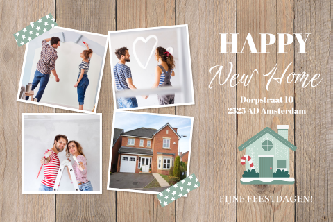 Kerst verhuiskaart fotocollage houtlook bruin huisje
