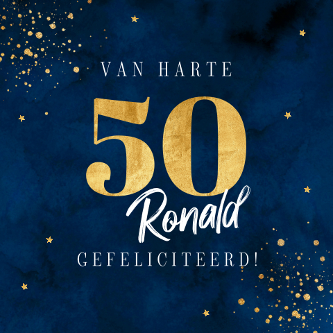 Verjaardagskaart blauw 50 jaar man spetters goudlook