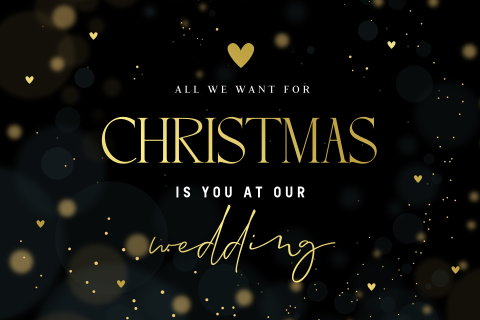 Save the Date kerstkaart zwart spetters hartjes goudfolie