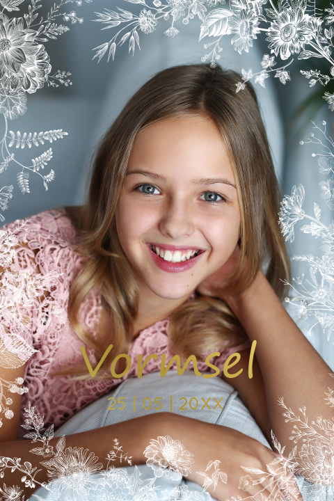 Uitnodiging vormsel meisje foto bloemenkader goudfolie