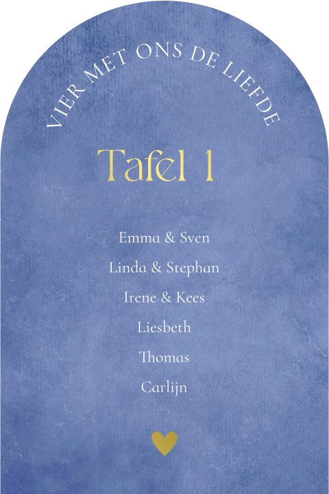 Tafelkaart bruiloft namen boog blauw goudfolie