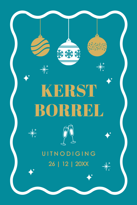 Kerstborrel uitnodiging blauw kerstballen golvend kader