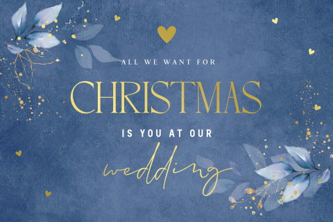 Save the Date kerstkaart blauw botanisch blaadjes goudfolie