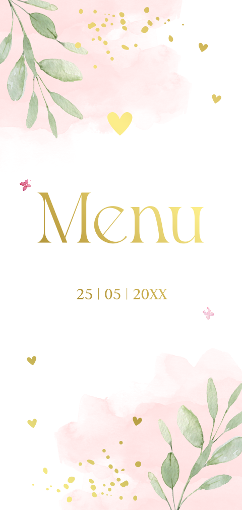 Menukaart communie botanisch waterverf roze koperfolie