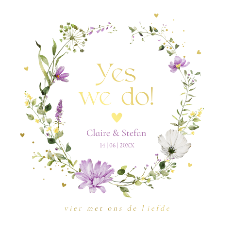 Trouwkaart wit met bloemenkrans paars en goudfolie Twiggy