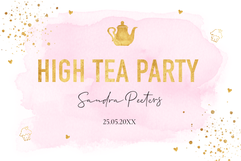 High Tea uitnodiging watercolour roze goudlook