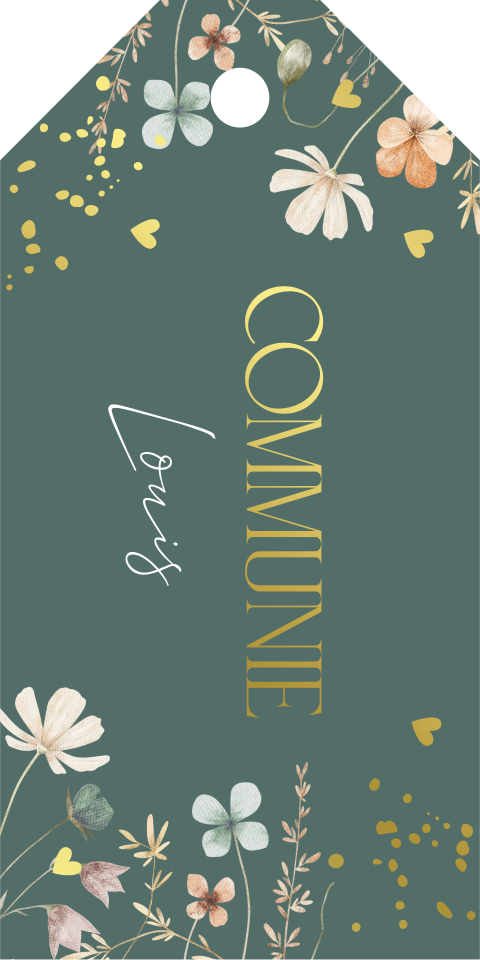 Communie labeltje groen veldbloemen goudfolie