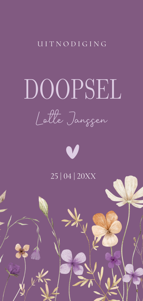 Doop uitnodiging meisje langwerpig paars bloemen