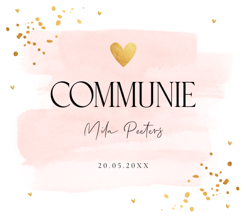 Communiekaart waterverf roze goudlook