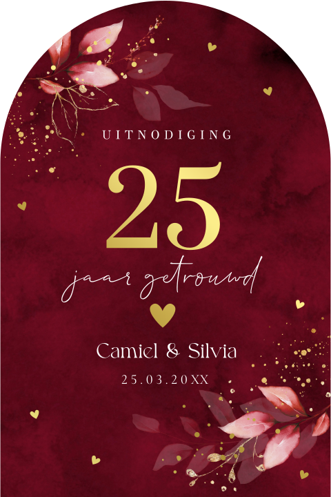 Jubileum uitnodiging 25 jaar getrouwd rood botanisch boog goudfolie
