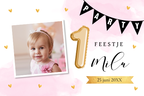 Uitnodiging kinderfeestje meisje roze waterverf slinger eigen foto