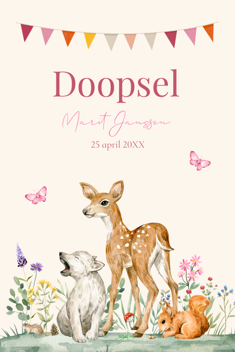 Doopkaart meisje bosdieren hertje bloemen roze