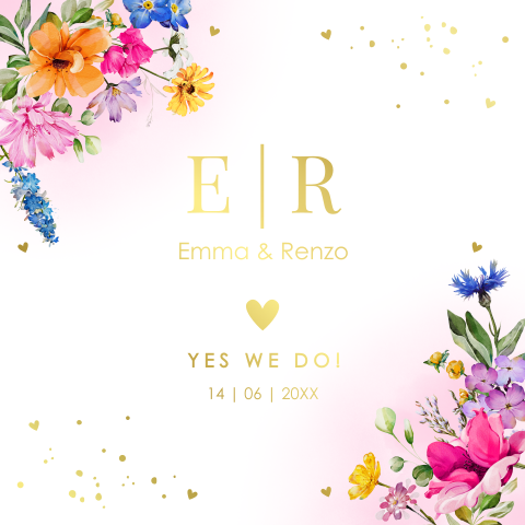 Trouwkaart fel gekleurde bloemen goudfolie roze Bright Flowers