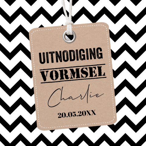 Uitnodiging vormsel zwart wit met kraft label