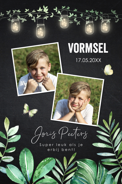 Vormsel uitnodiging jongen foto zwart groen bladeren lampjes