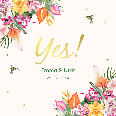 Trouwkaart tropische bloemen roze goudfolie