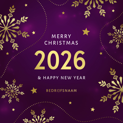 Zakelijke kerstkaart paars sneeuwvlokken goudfolie 2026