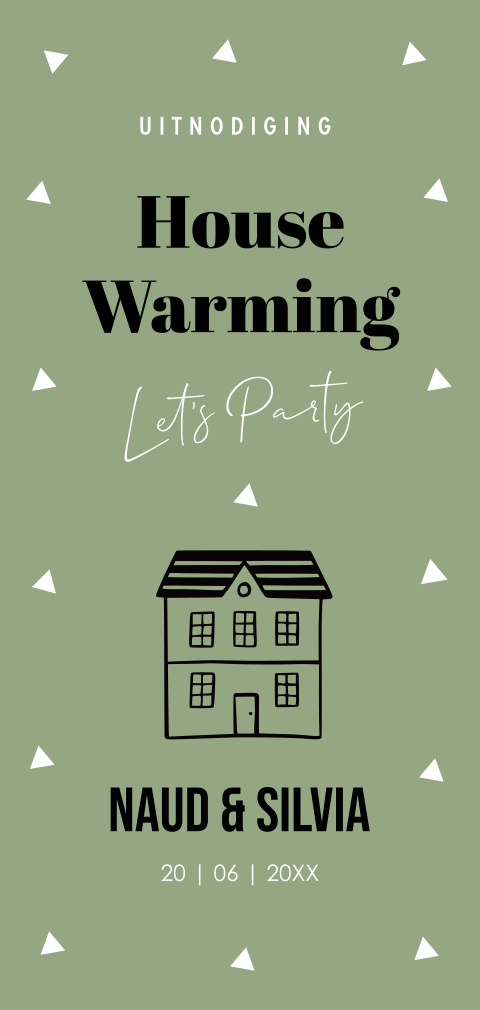 Housewarming uitnodiging groen driehoekjes huisje