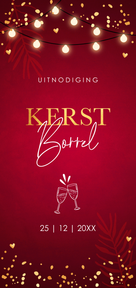Zakelijke kerstborrel uitnodiging rood langwerpig lampjes goud look