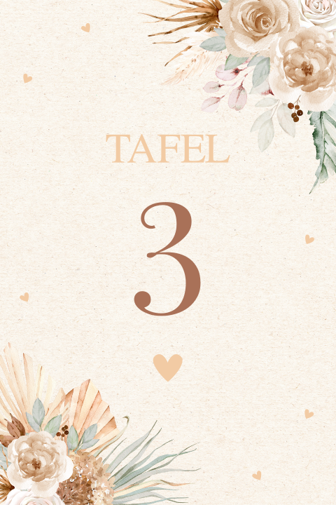 Tafelkaart bruiloft bohemian bloemen beige