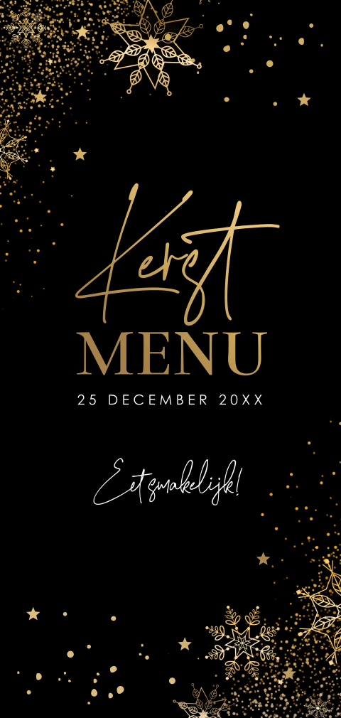 Luxe kerstkaart zwart langwerpig goudfolie sneeuwvlokken