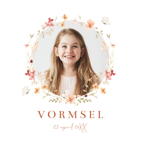 Uitnodiging vormsel meisje foto rond bloemen