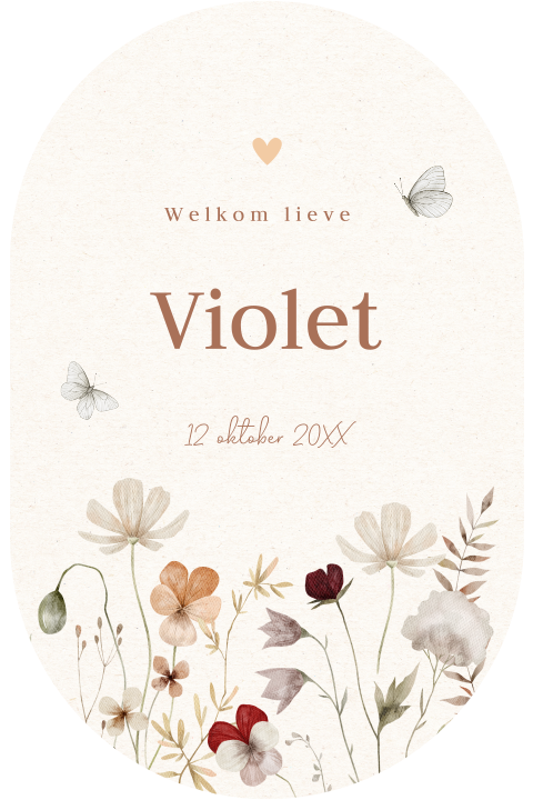 Geboortekaartje meisje beige bloemen ovaal