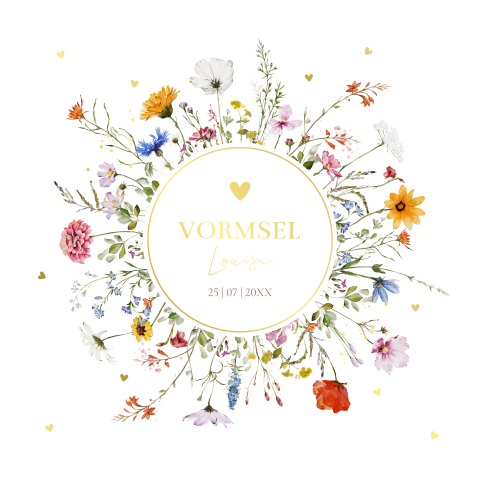 Vormsel uitnodiging meisje wit zomerse bloemen krans goudfolie